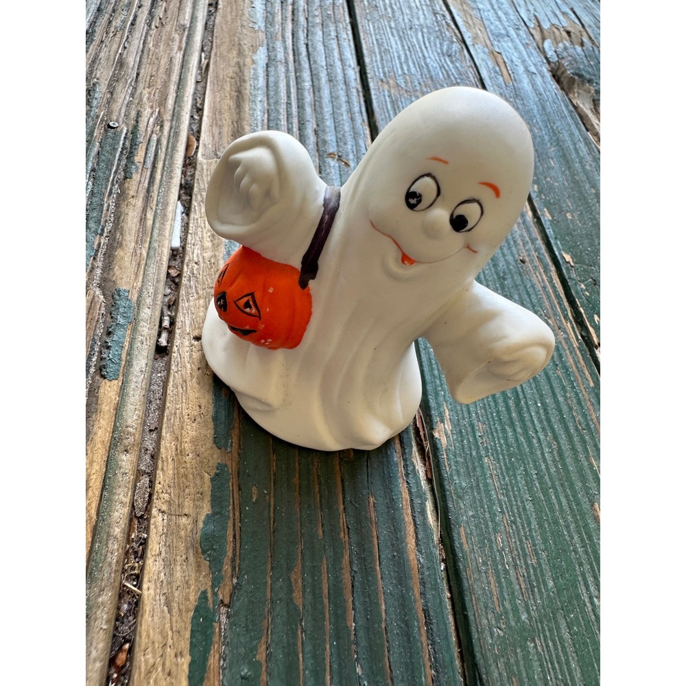 Vintage Ceramic Ghost Figurine with Pumpkin Pail Halloween Decor 3 Inch